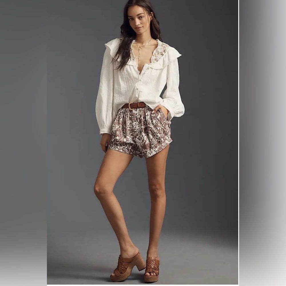 NWT - Anthropologie High Waisted Pleated Printed Brown Floral Shorts